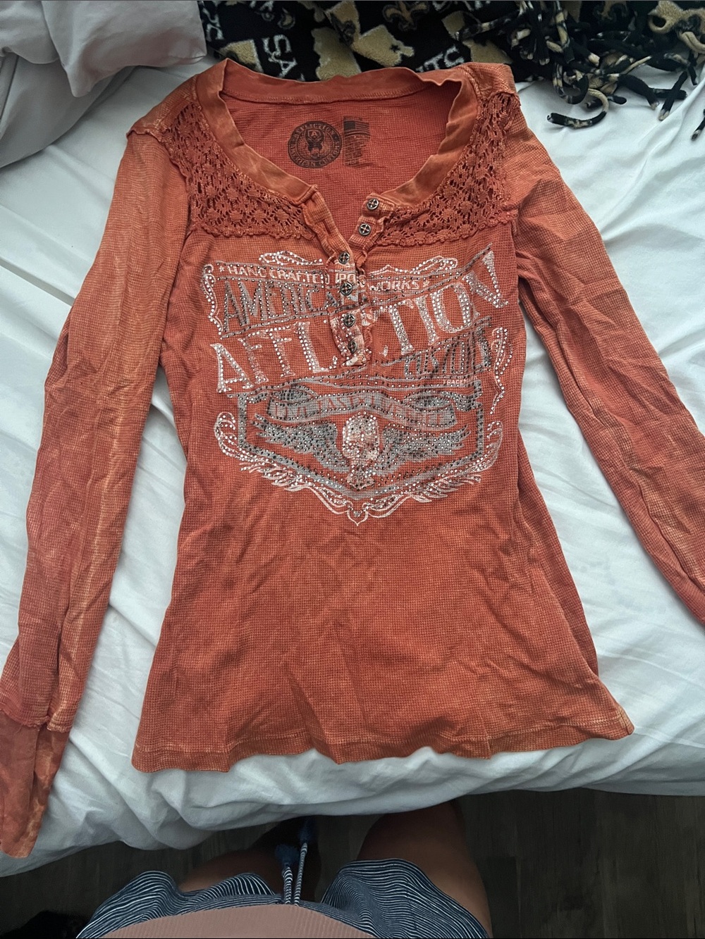 Affliction Orange Lace-Yoke Long Sleeve Henley with Embellished Graphic